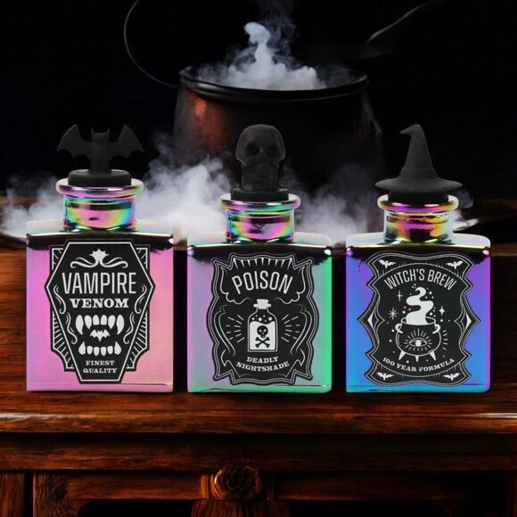 NEW Halloween Iridescent Glass Mini Potion Bottle Set WITCH'S BREW POISON VENOM - Picture 1 of 11